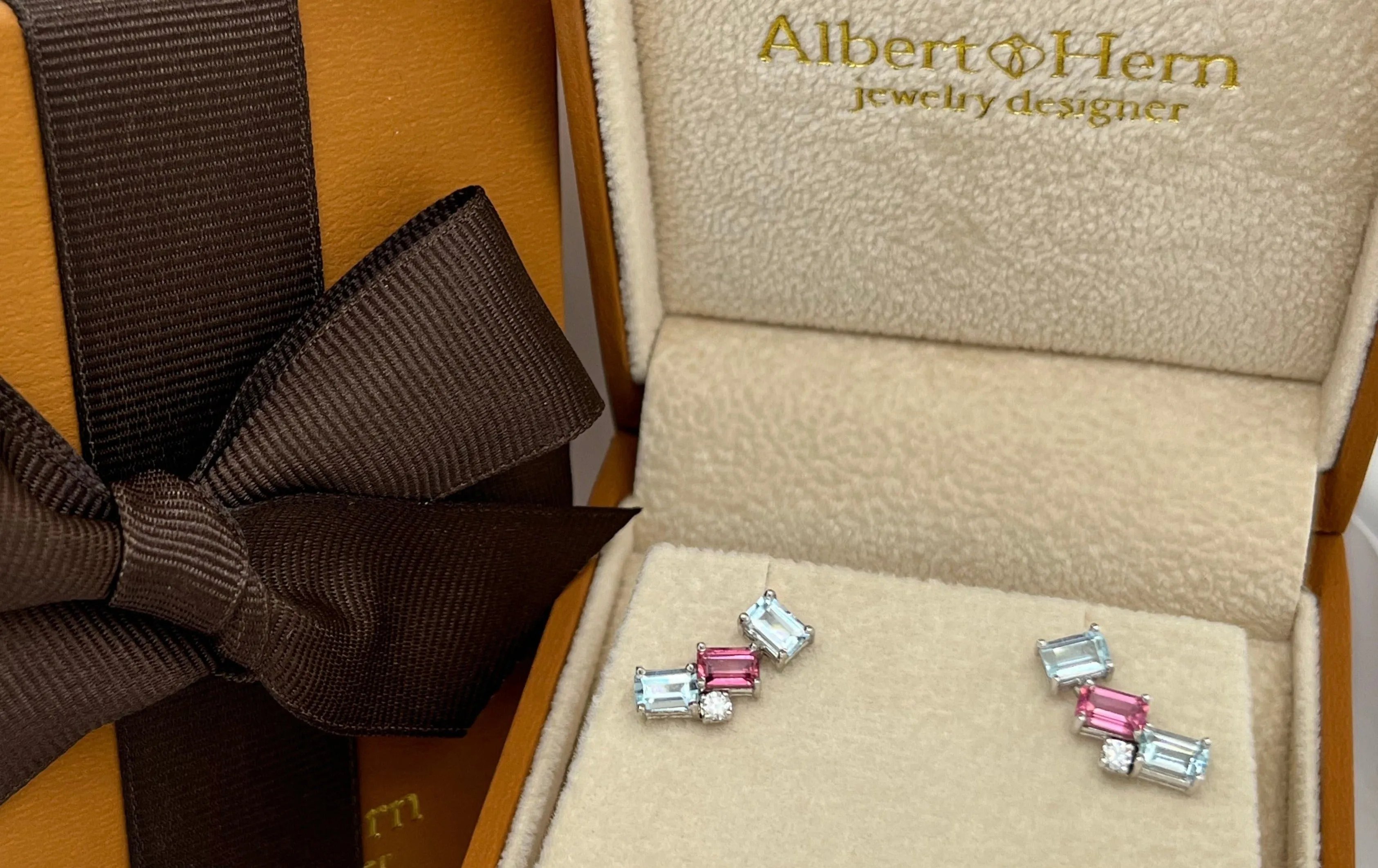 Earrings 18kt Gold Climbers Aquamarine, Tourmaline & Diamonds