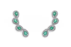 Earrings 18kt Gold Climbers Pear Emeralds with Diamonds Halo