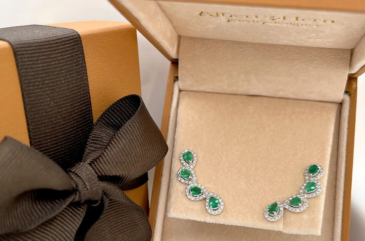 Earrings 18kt Gold Climbers Pear Emeralds with Diamonds Halo