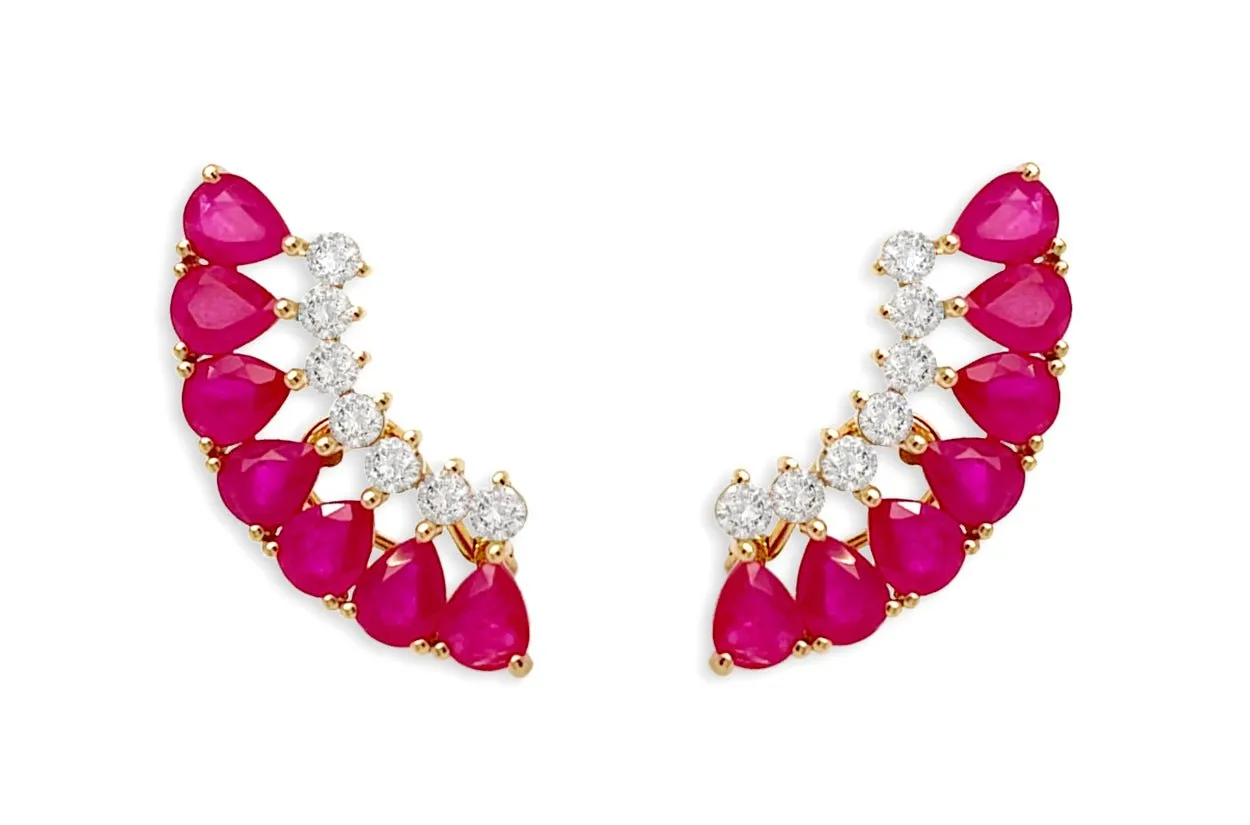 Earrings 18kt Gold Climbers Pear Rubies with Diamonds