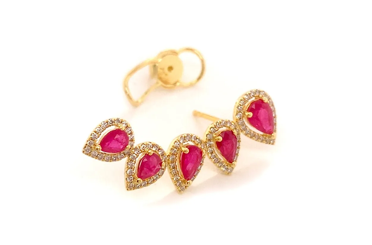Earrings 18kt Gold Climbers Pear Rubies with Diamonds