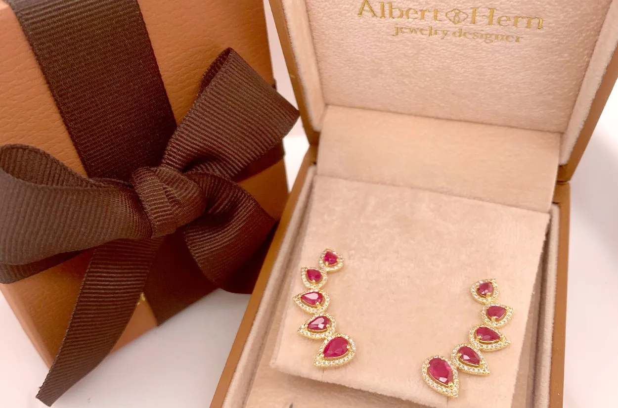 Earrings 18kt Gold Climbers Pear Rubies with Diamonds