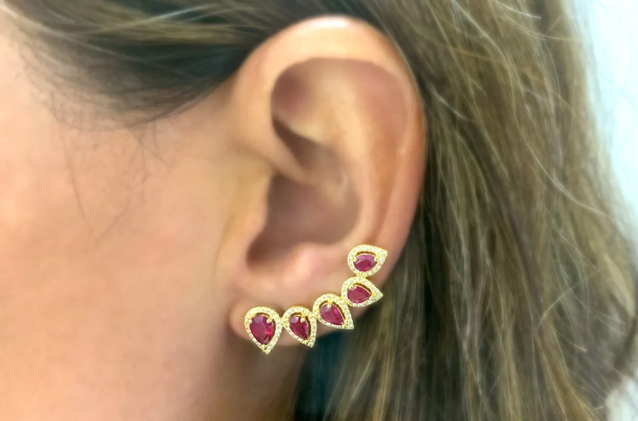 Earrings 18kt Gold Climbers Pear Rubies with Diamonds
