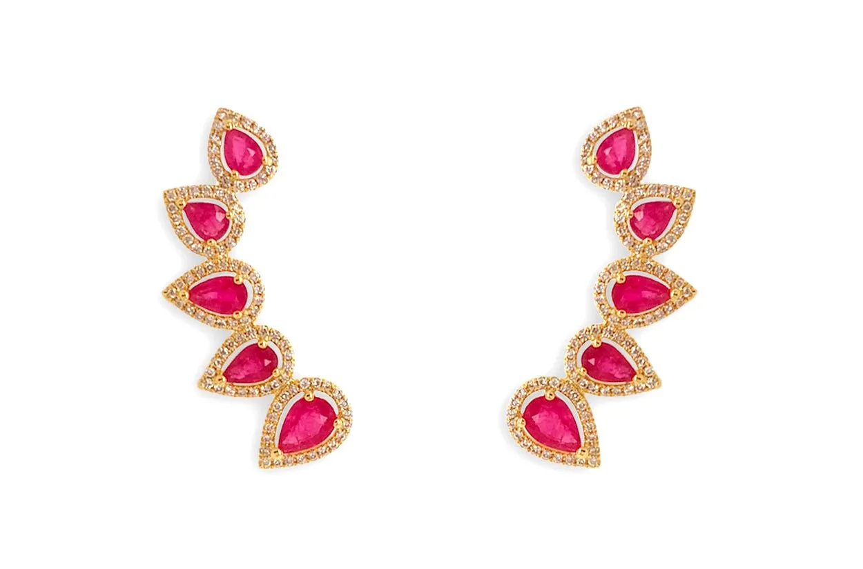 Earrings 18kt Gold Climbers Pear Rubies with Diamonds