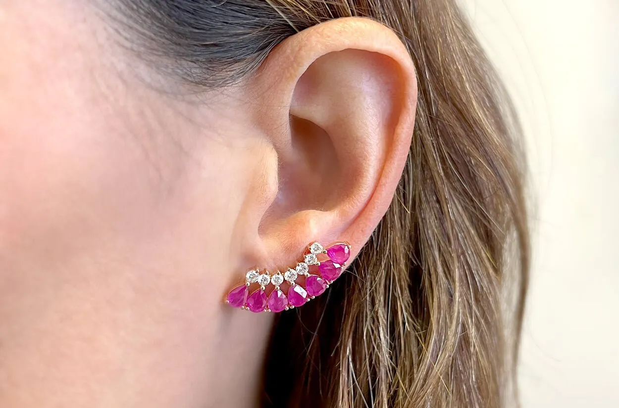 Earrings 18kt Gold Climbers Pear Rubies with Diamonds