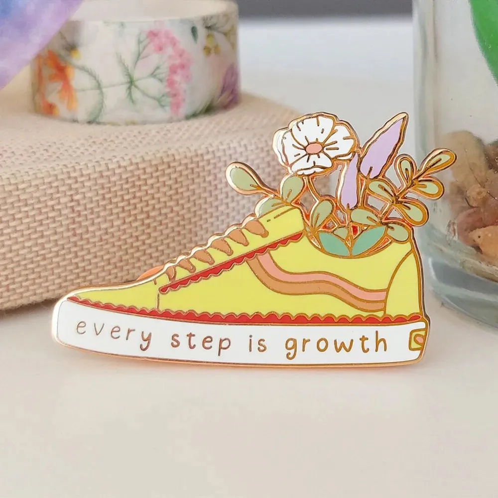 Every Step Is Growth Hard Enamel Pin Cartoon Cute Shoes Flower Plants Brooch Metal Accessories Fashion Badge Jewelry Decor Gift