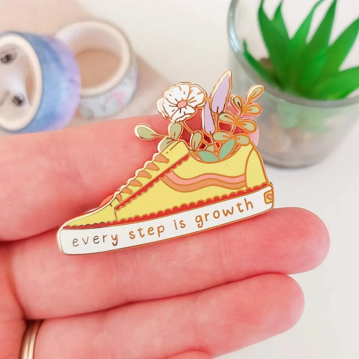 Every Step Is Growth Hard Enamel Pin Cartoon Cute Shoes Flower Plants Brooch Metal Accessories Fashion Badge Jewelry Decor Gift