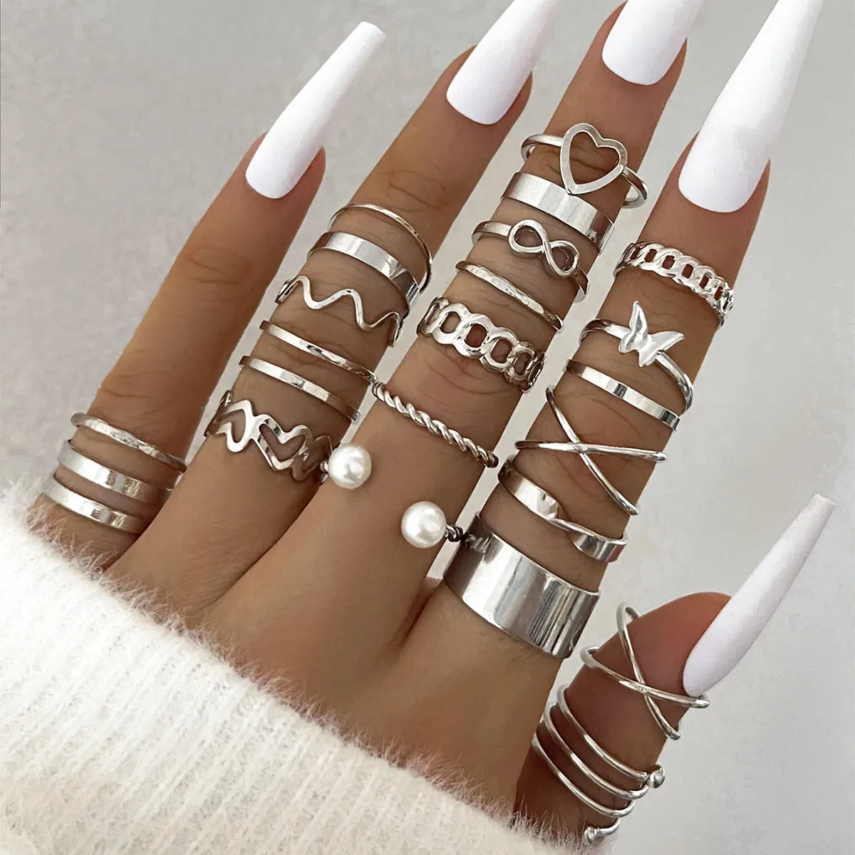 Fashion Simple Wave Joint Rings Set For Women Crystal Heart