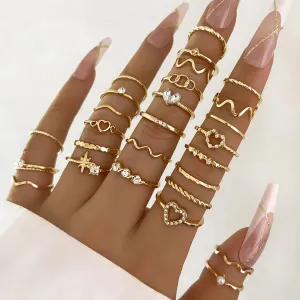 Fashion Simple Wave Joint Rings Set For Women Crystal Heart
