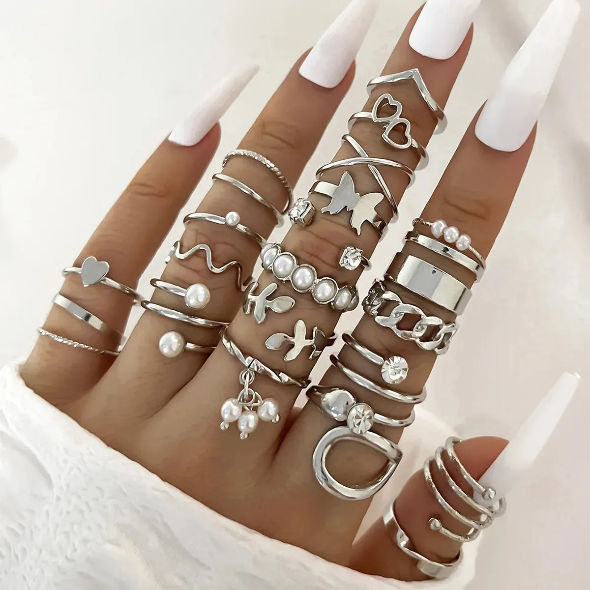 Fashion Simple Wave Joint Rings Set For Women Crystal Heart