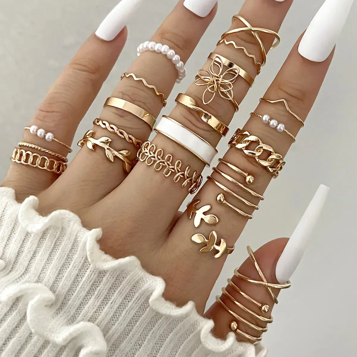 Fashion Simple Wave Joint Rings Set For Women Crystal Heart