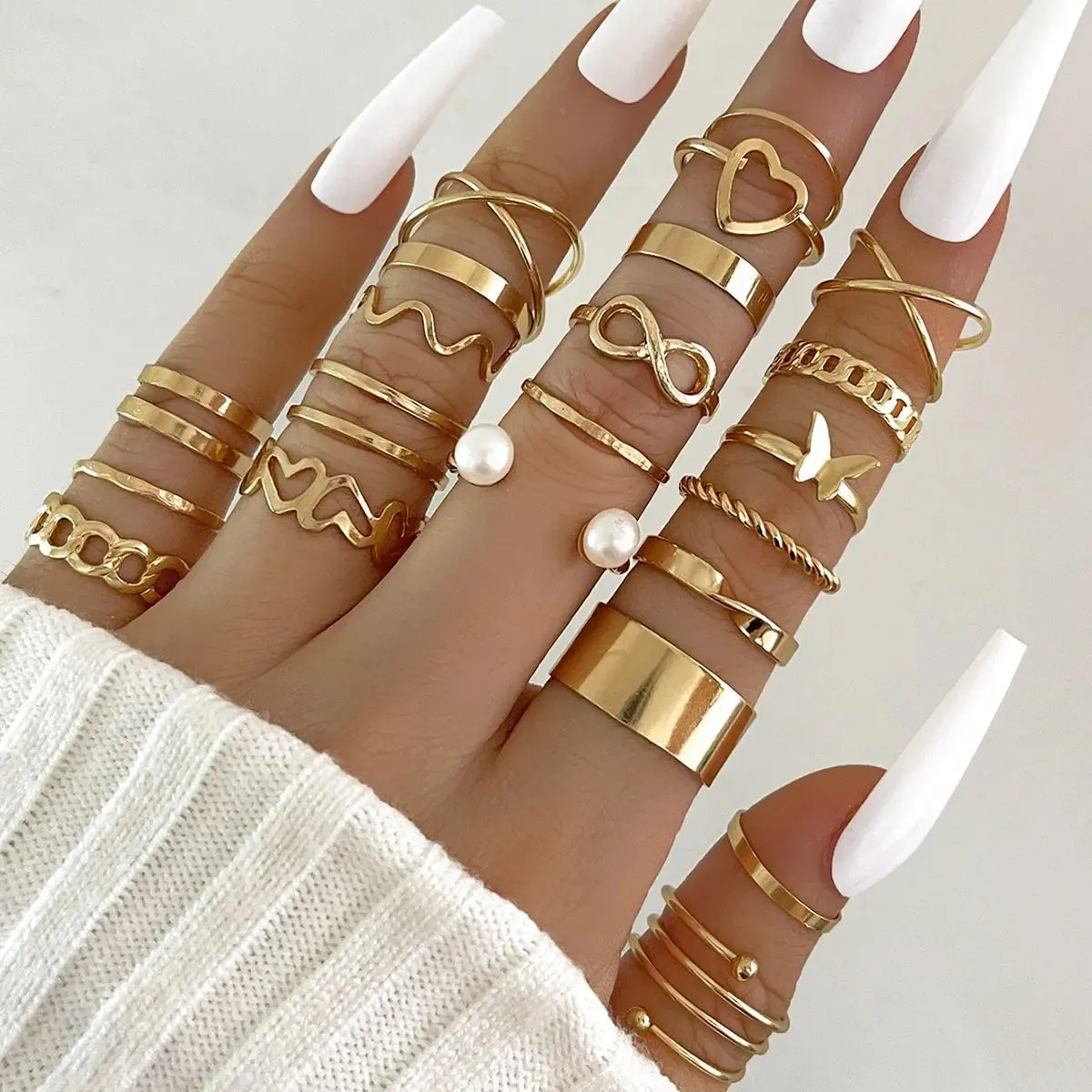 Fashion Simple Wave Joint Rings Set For Women Crystal Heart