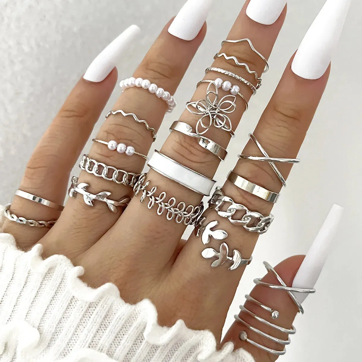 Fashion Simple Wave Joint Rings Set For Women Crystal Heart