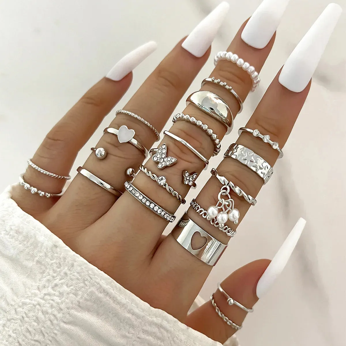 Fashion Simple Wave Joint Rings Set For Women Crystal Heart