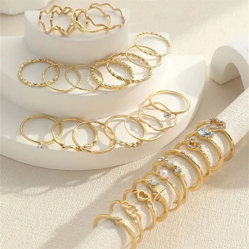 Fashion Simple Wave Joint Rings Set For Women Crystal Heart