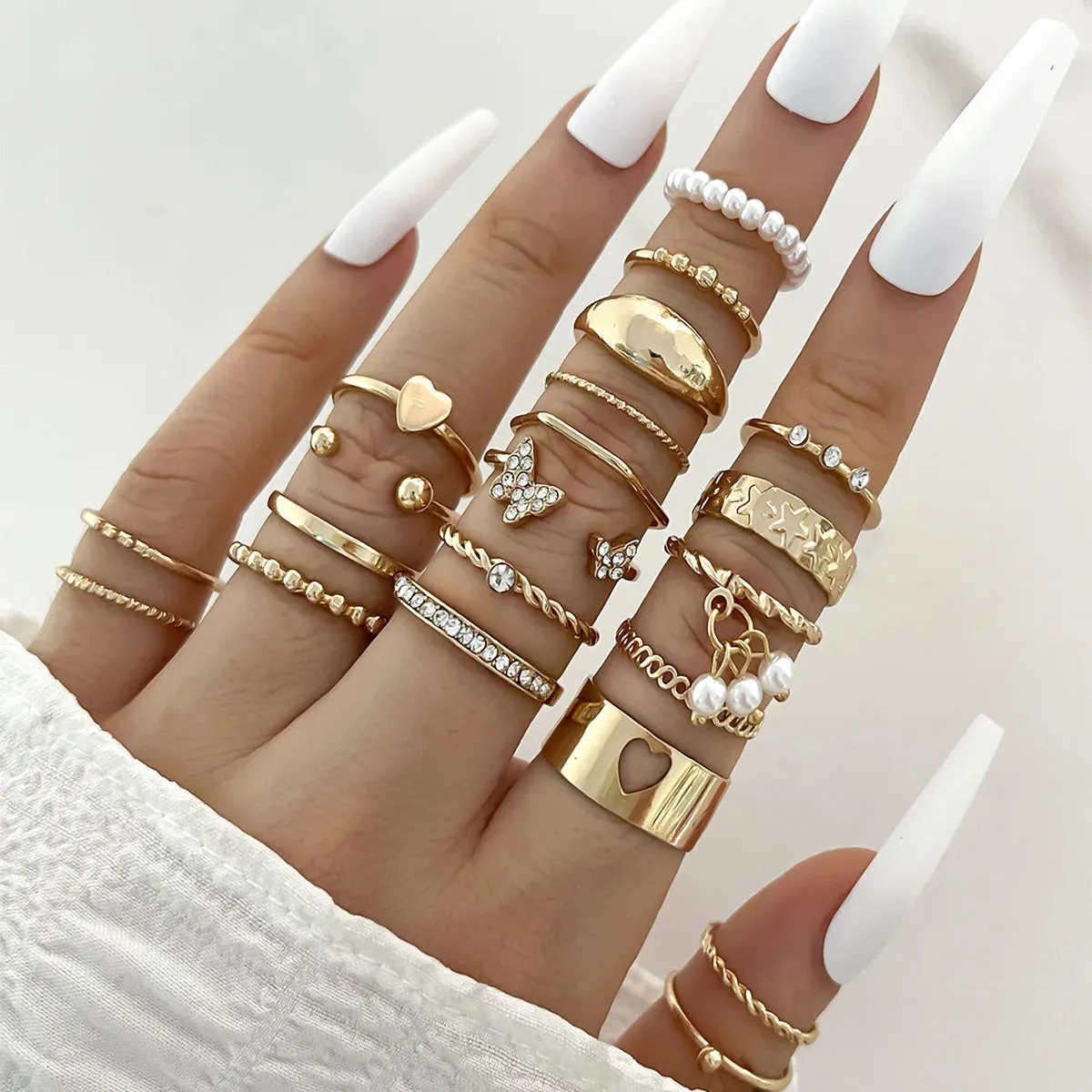 Fashion Simple Wave Joint Rings Set For Women Crystal Heart