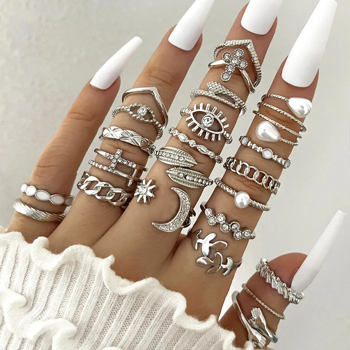 Fashion Simple Wave Joint Rings Set For Women Crystal Heart
