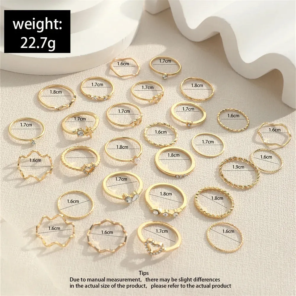 Fashion Simple Wave Joint Rings Set For Women Crystal Heart
