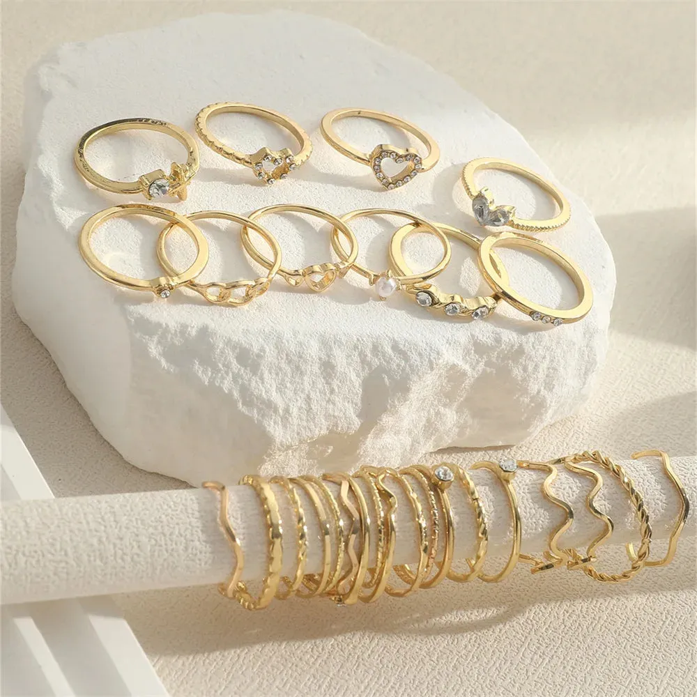 Fashion Simple Wave Joint Rings Set For Women Crystal Heart