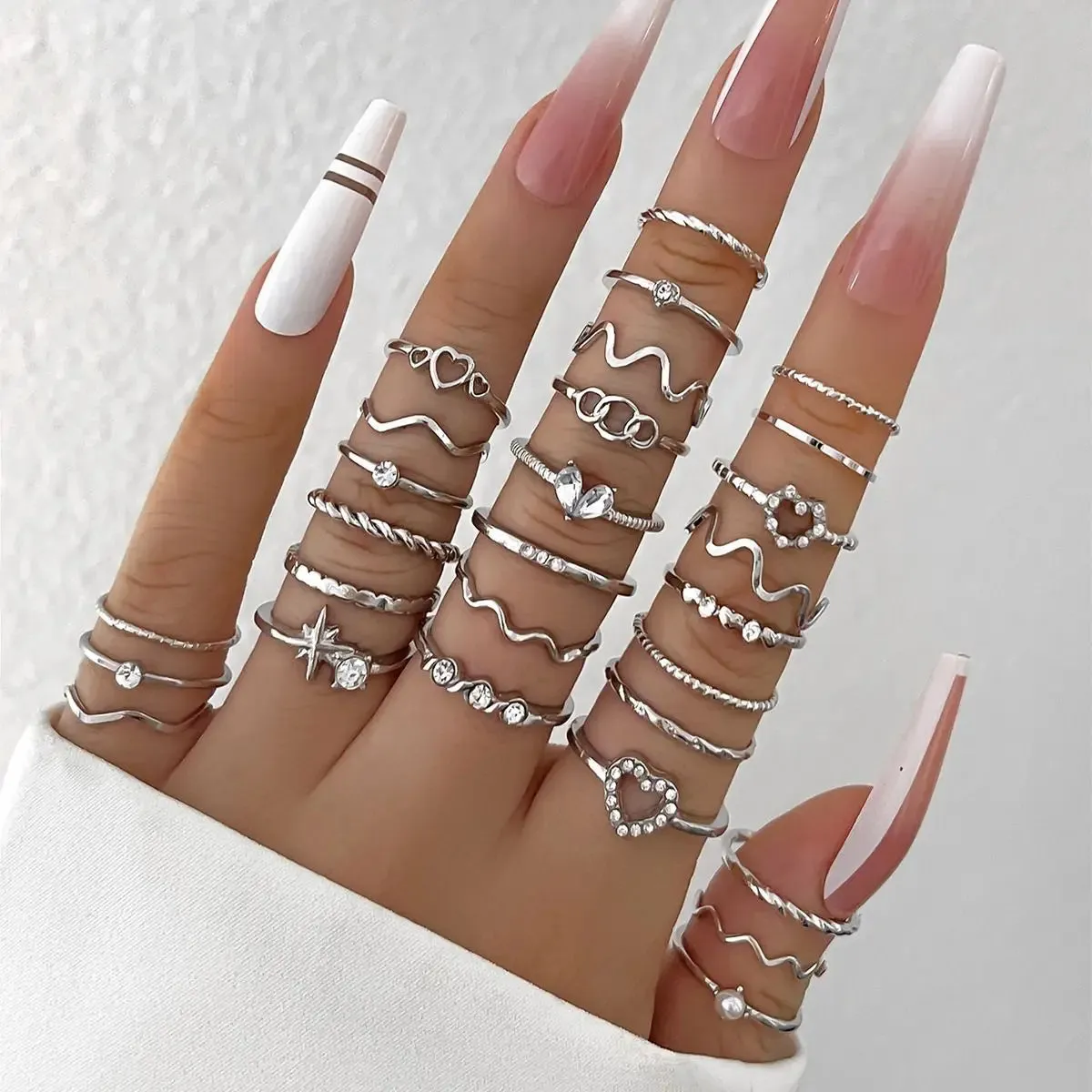 Fashion Simple Wave Joint Rings Set For Women Crystal Heart