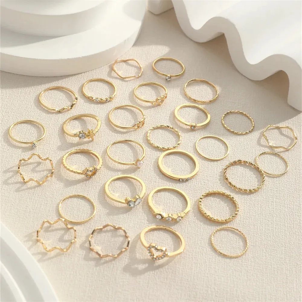 Fashion Simple Wave Joint Rings Set For Women Crystal Heart