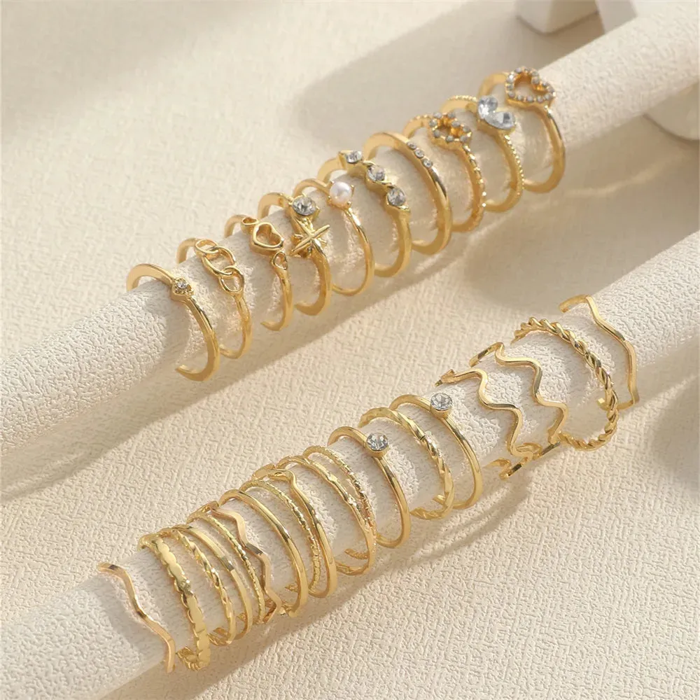 Fashion Simple Wave Joint Rings Set For Women Crystal Heart