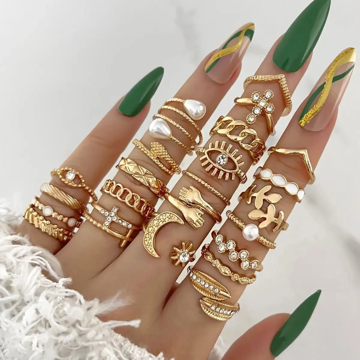 Fashion Simple Wave Joint Rings Set For Women Crystal Heart