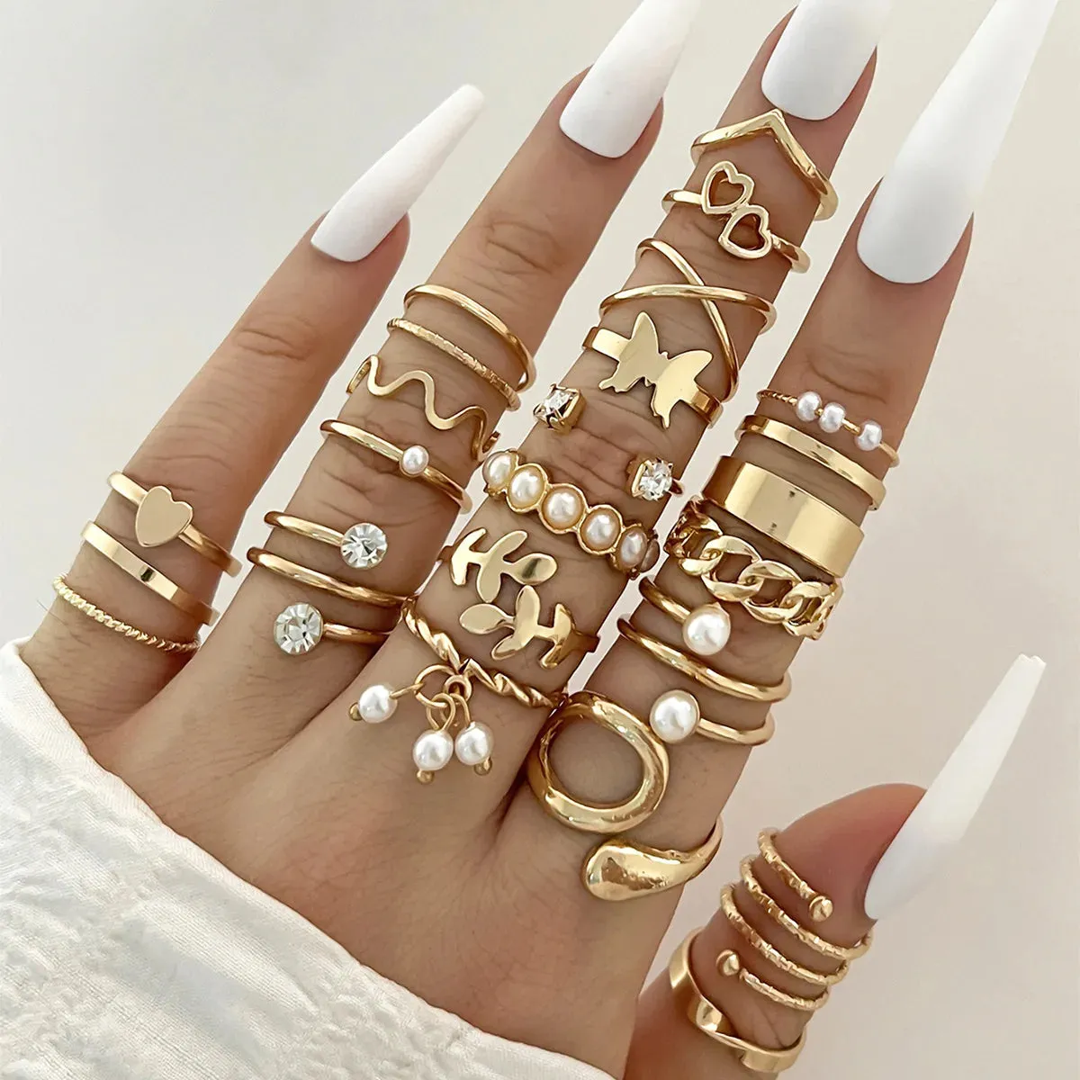 Fashion Simple Wave Joint Rings Set For Women Crystal Heart