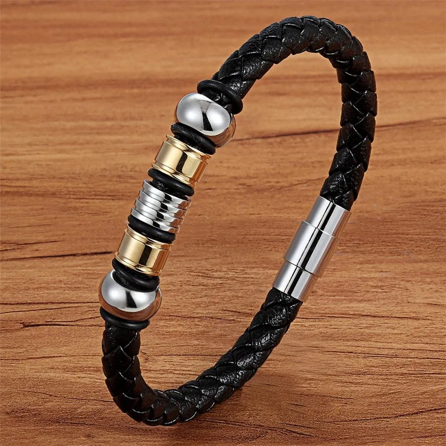Fashion Stainless Steel Charm Magnetic  Men Leather Bracelet