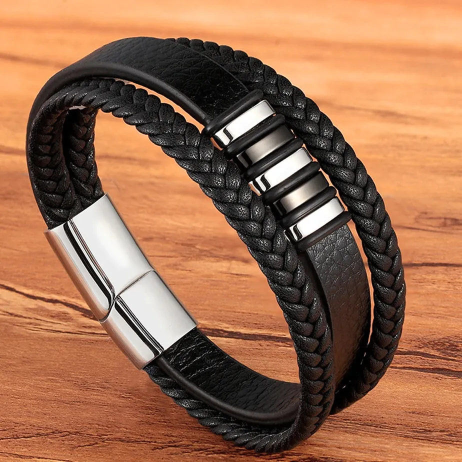 Fashion Stainless Steel Charm Magnetic  Men Leather Bracelet