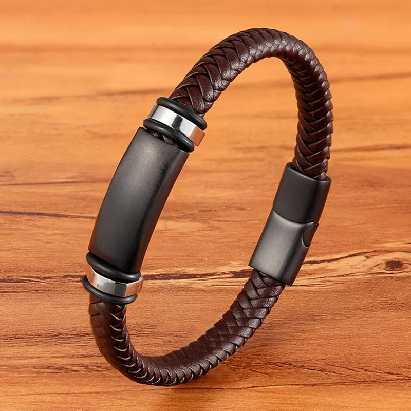 Fashion Stainless Steel Charm Magnetic  Men Leather Bracelet