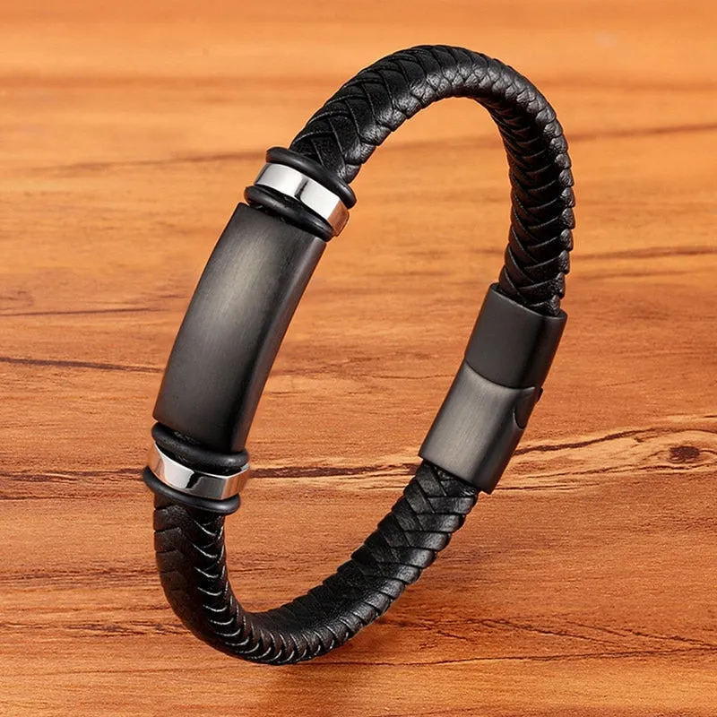 Fashion Stainless Steel Charm Magnetic  Men Leather Bracelet