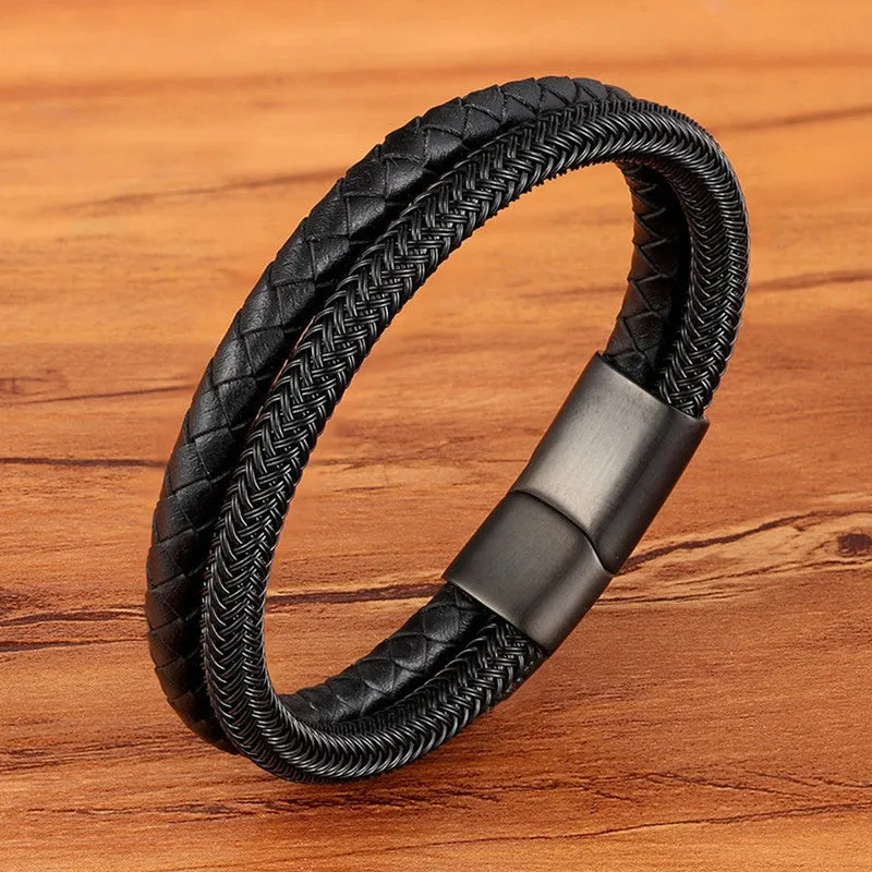 Fashion Stainless Steel Charm Magnetic  Men Leather Bracelet