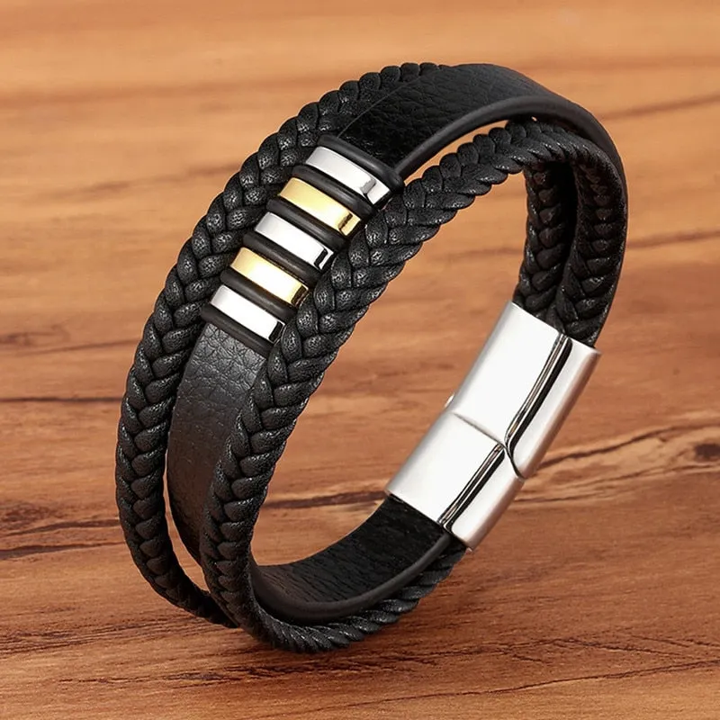 Fashion Stainless Steel Charm Magnetic  Men Leather Bracelet