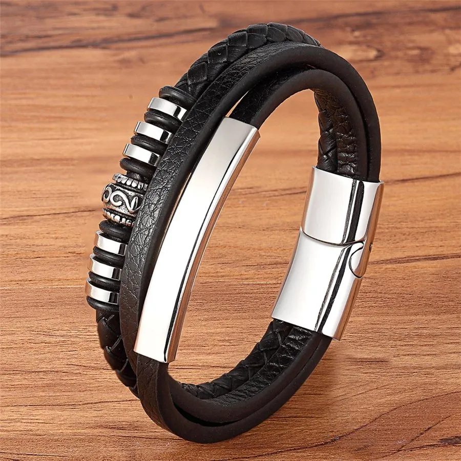 Fashion Stainless Steel Charm Magnetic  Men Leather Bracelet