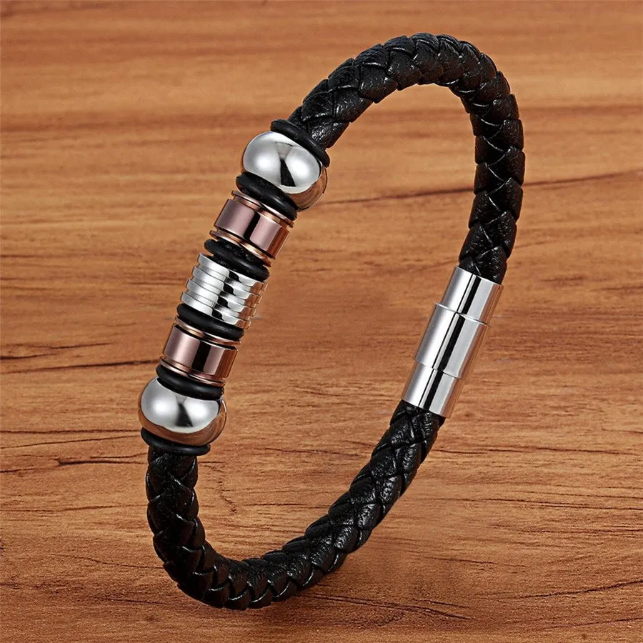 Fashion Stainless Steel Charm Magnetic  Men Leather Bracelet