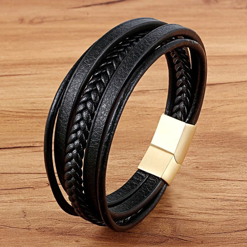 Fashion Stainless Steel Charm Magnetic  Men Leather Bracelet