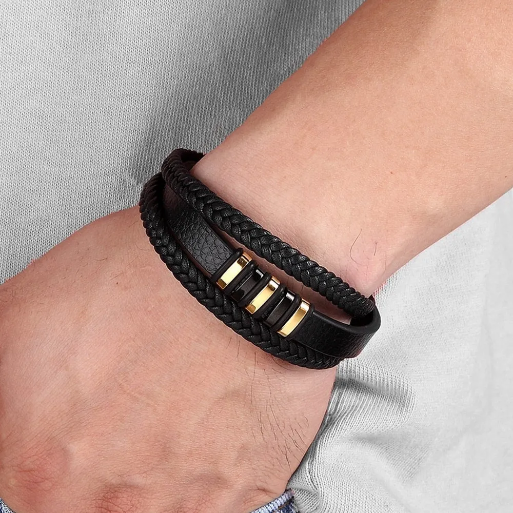 Fashion Stainless Steel Charm Magnetic  Men Leather Bracelet