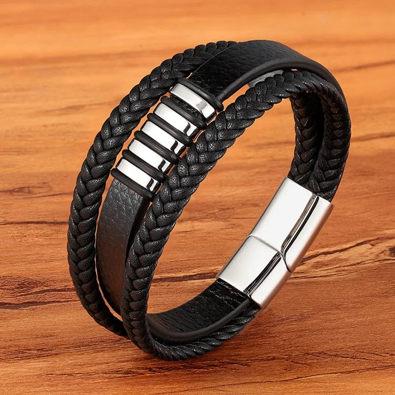 Fashion Stainless Steel Charm Magnetic  Men Leather Bracelet