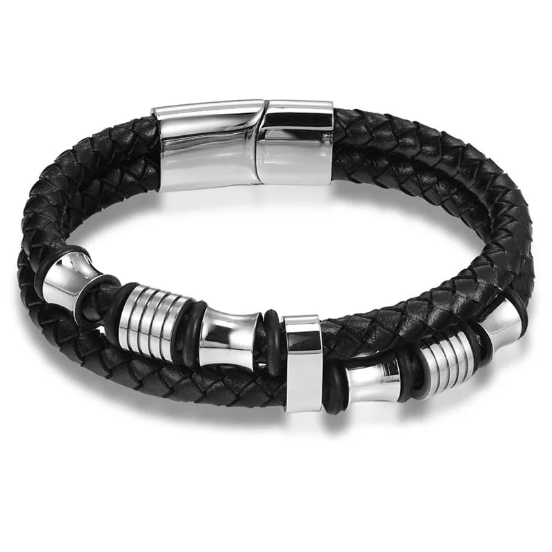 Fashion Stainless Steel Charm Magnetic  Men Leather Bracelet