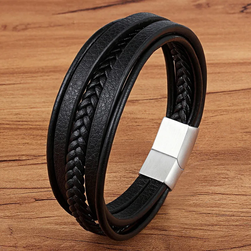 Fashion Stainless Steel Charm Magnetic  Men Leather Bracelet