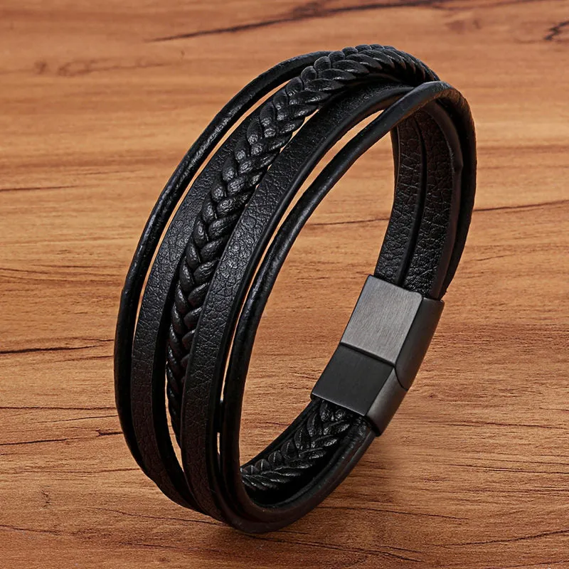 Fashion Stainless Steel Charm Magnetic  Men Leather Bracelet