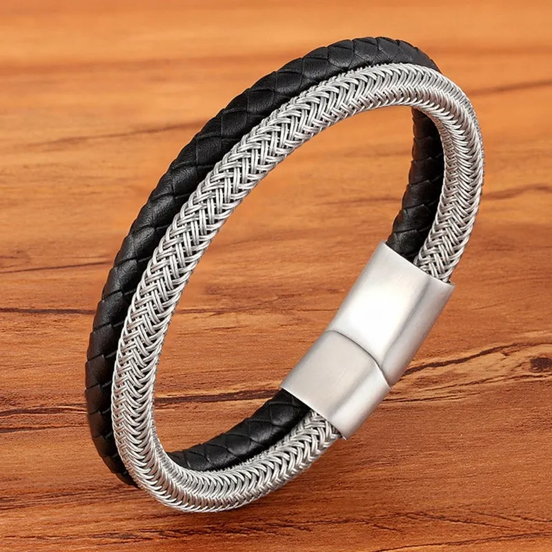 Fashion Stainless Steel Charm Magnetic  Men Leather Bracelet