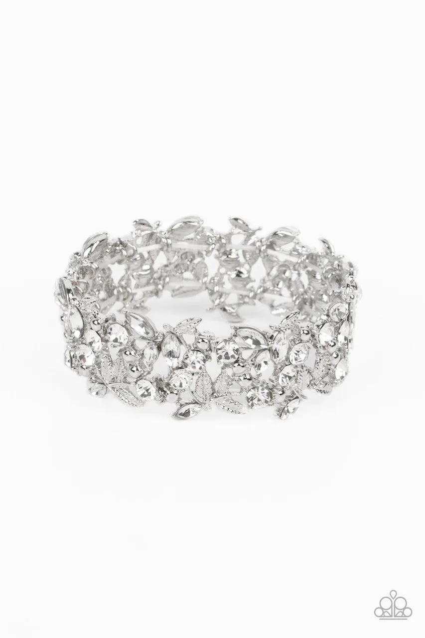 Feathered Finesse - White - Rhinestone Paparazzi Stretchy Bracelet