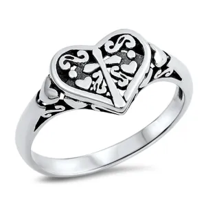 Filigree Heart Cross Oxidized Purity Ring .925 Sterling Silver Band Sizes 5-10