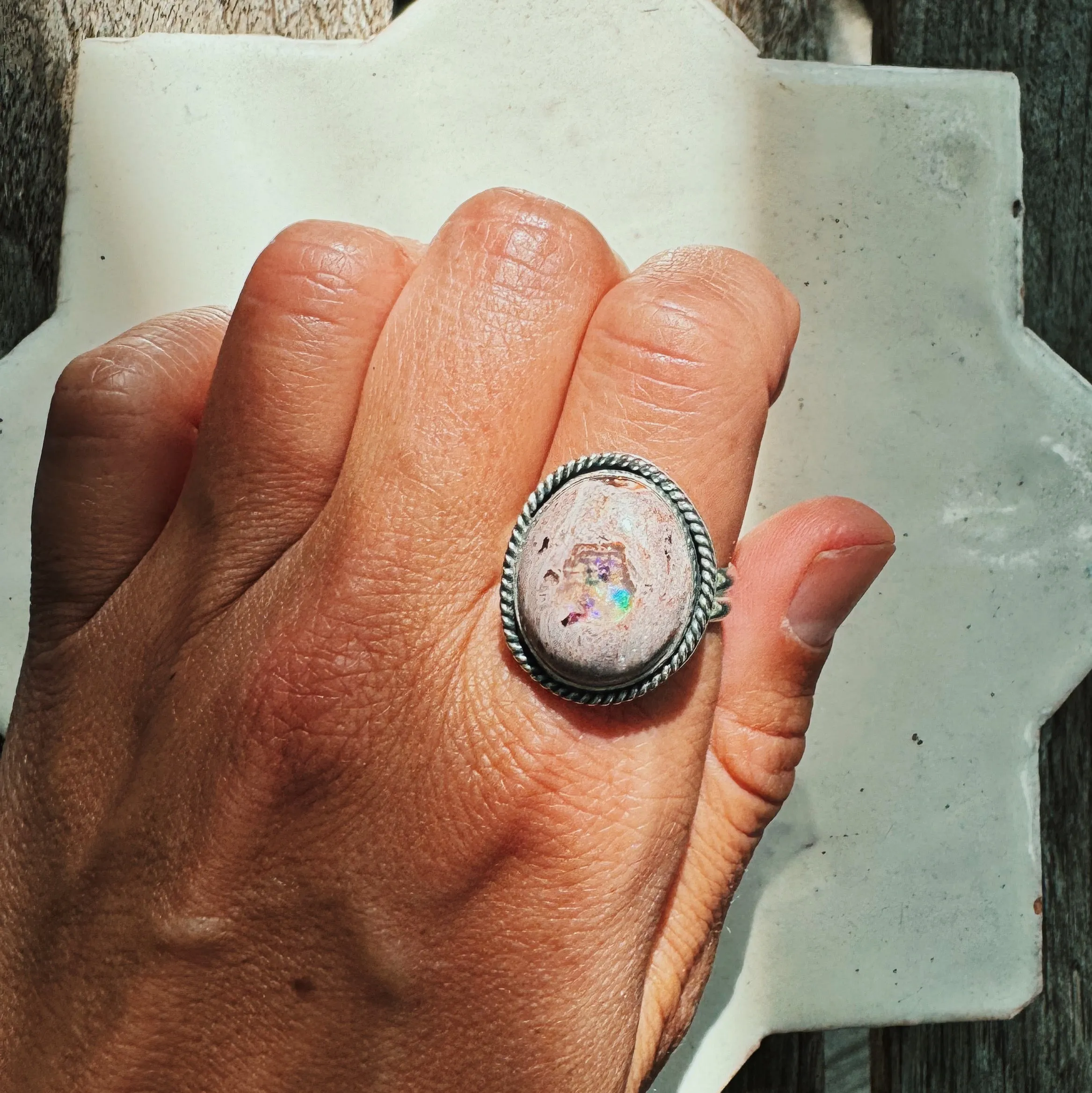 Fire Opal Statement Ring with Twist Border Size 9