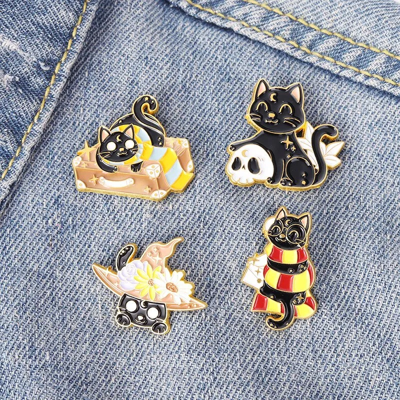Funny Cat Skull Enamel Badge For Halloween