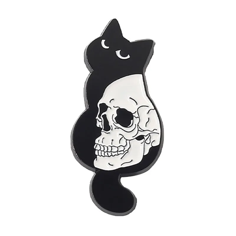 Funny Cat Skull Enamel Badge For Halloween