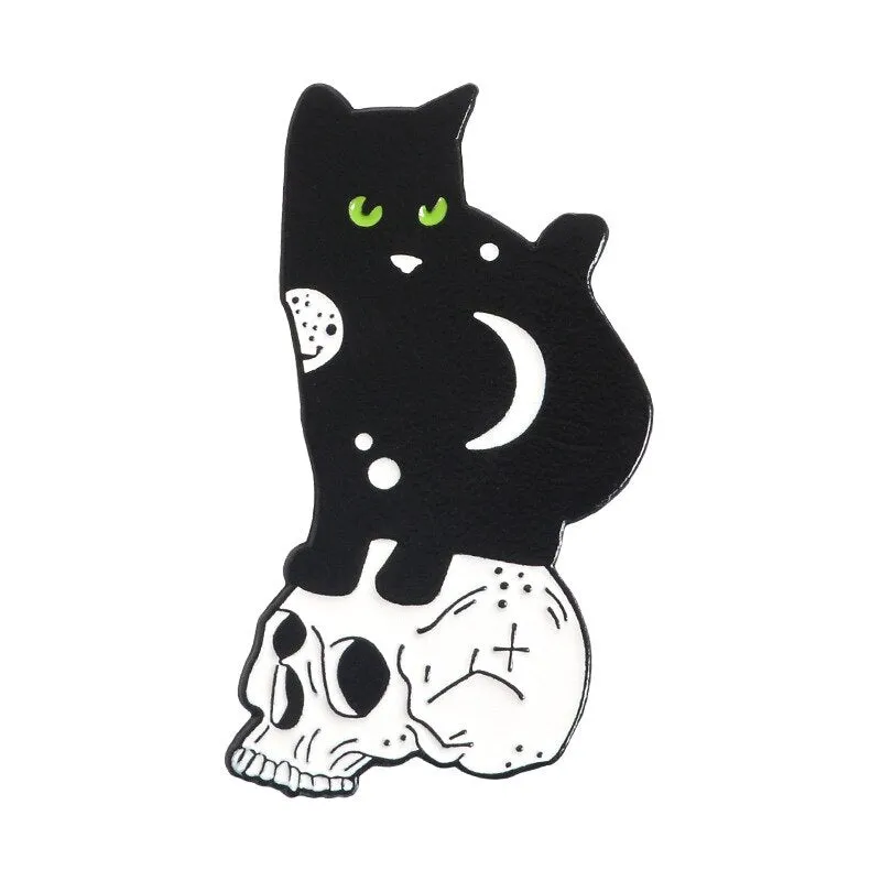 Funny Cat Skull Enamel Badge For Halloween