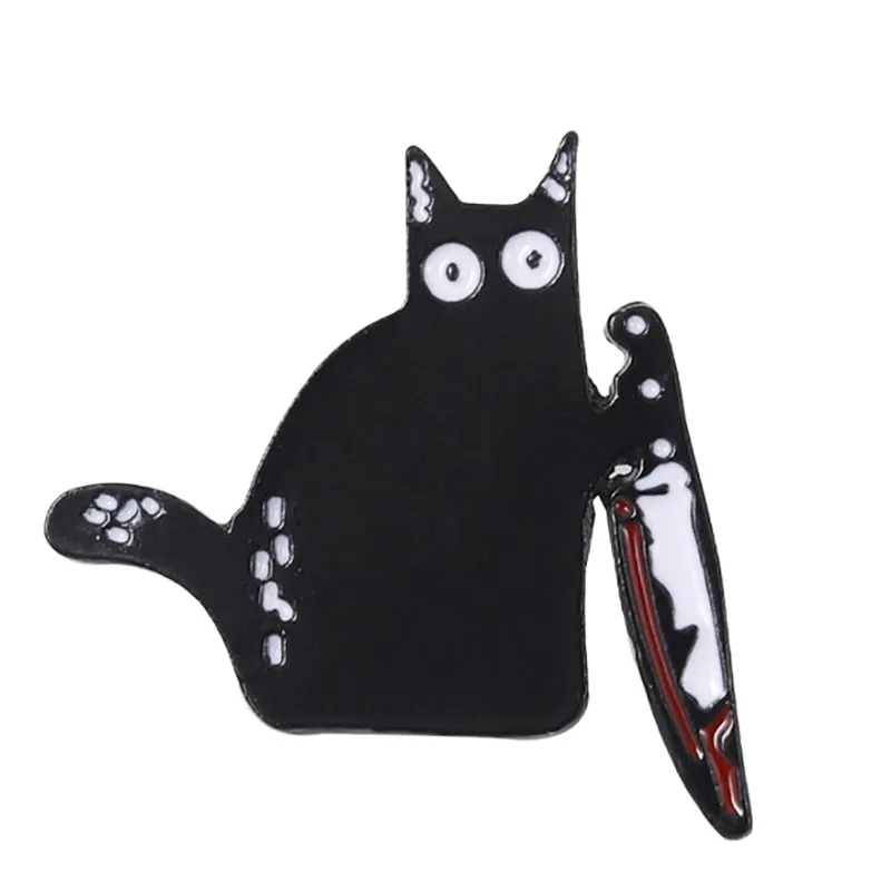 Funny Cat Skull Enamel Badge For Halloween